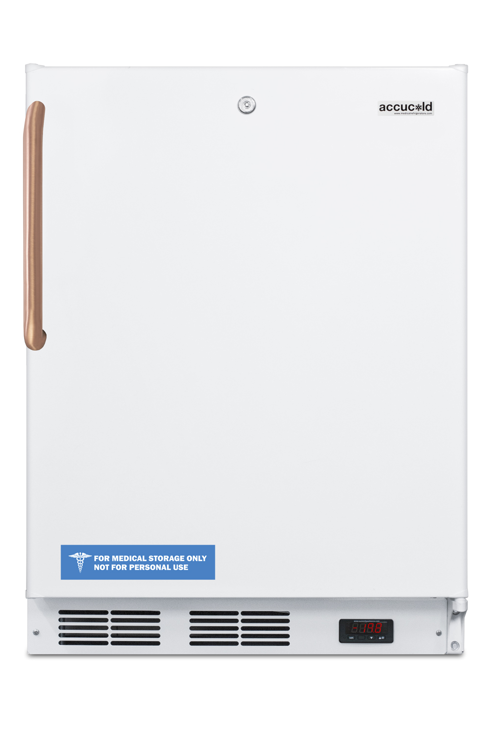 ADA compliant built-in undercounter medical all-freezer capable of -25 C operation, white with pure copper handle and front lock